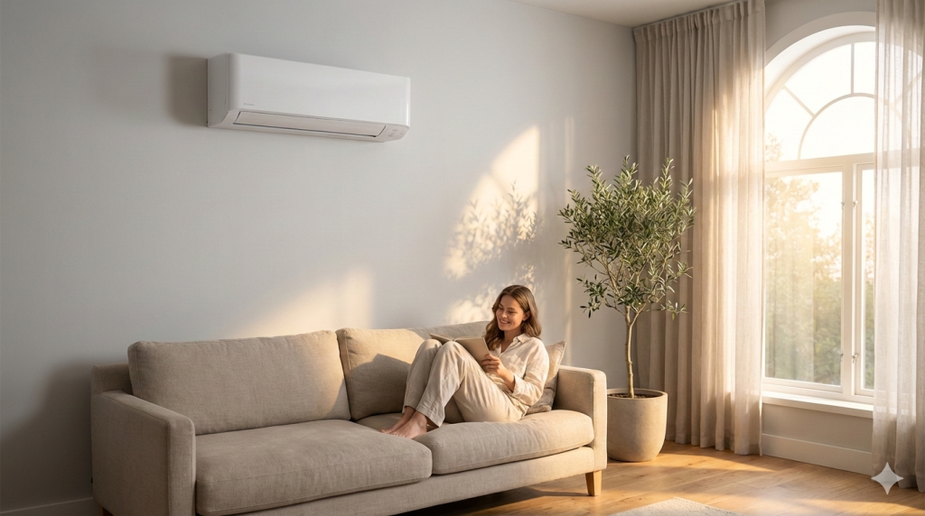 Egy nő nyugodtan olvas a kanapén egy napsütötte pécsi otthonban, a falon egy szakszerűen felszerelt, modern klímaberendezés biztosítja a kellemes hőmérsékletet.